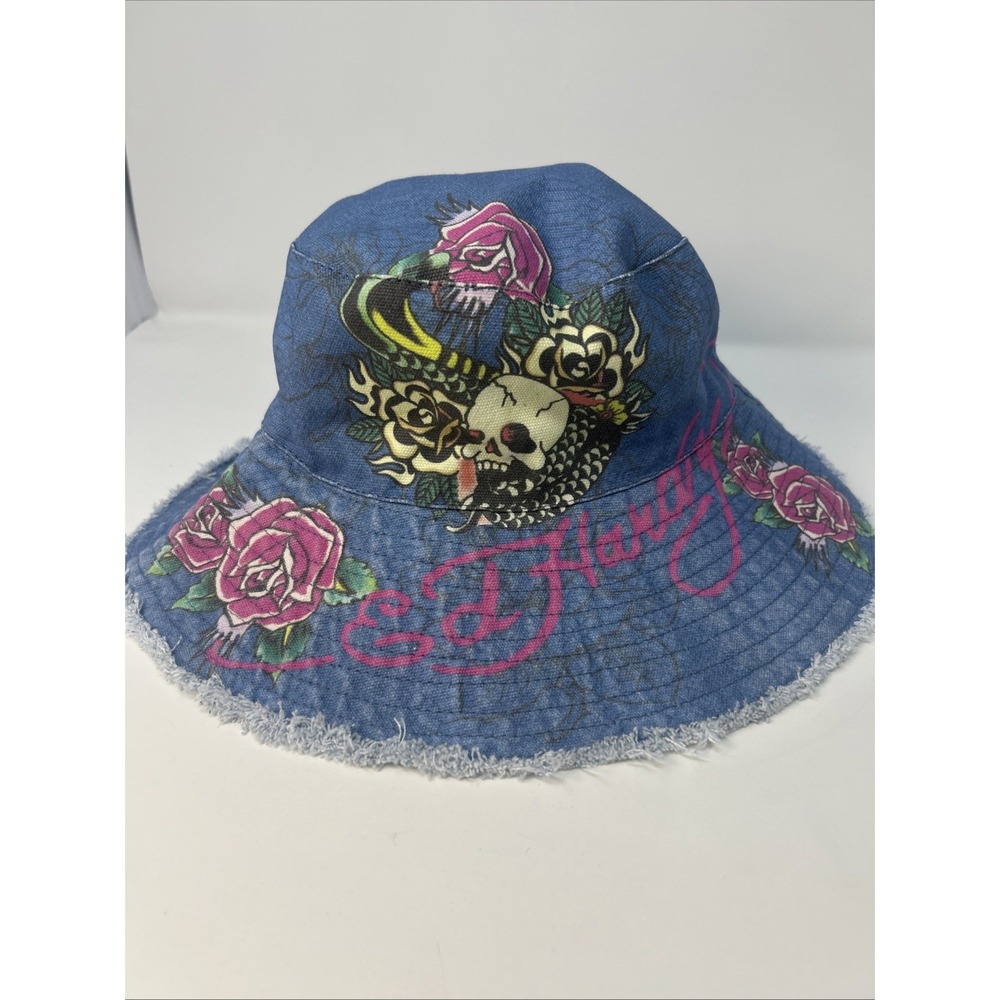 NWT Ed Hardy Blue Denim Bucket Hat Distressed Tattoo Graphic